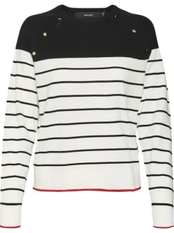 Pull écru en coton mélangé à rayures noires avec un col rond et une coupe droite