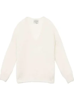 Pull écru en maille ajourée à coupe droite avec un col v et des manches longues