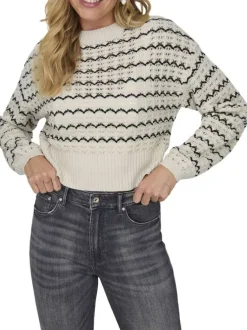 Pull écru en maille ajourée à rayures ondulées noires avec une coupe crop top