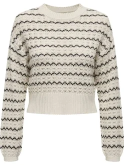 Pull écru en maille ajourée à rayures ondulées noires avec une coupe crop top