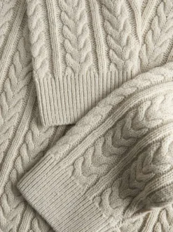 Pull écru en maille torsadée à coupe droite avec col châle et manches longues
