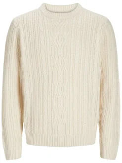 Pull écru en maille torsadée à coupe droite col rond et à manches longues