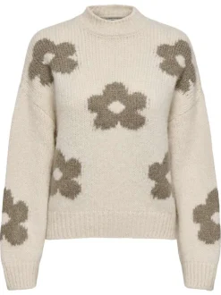 Pull écru et kaki à manches longues orné d'un motif floral oversize