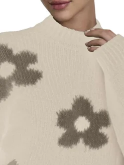 Pull écru et kaki à manches longues orné d'un motif floral oversize