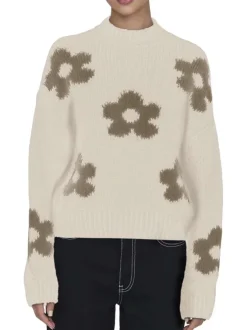 Pull écru et kaki à manches longues orné d'un motif floral oversize