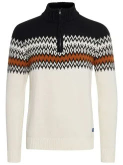 Pull écru et noir en coton rayé coupe droite col montant et zippé