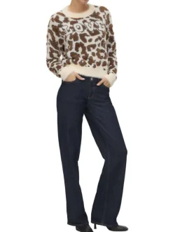 Pull écru, marron et noir avec motif léopard à coupe droite et col rond