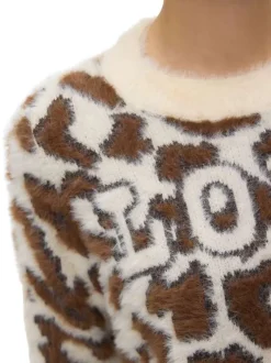 Pull écru, marron et noir avec motif léopard à coupe droite et col rond