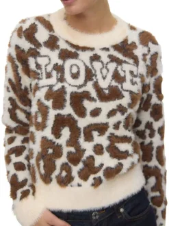 Pull écru, marron et noir avec motif léopard à coupe droite et col rond