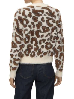 Pull écru, marron et noir avec motif léopard à coupe droite et col rond