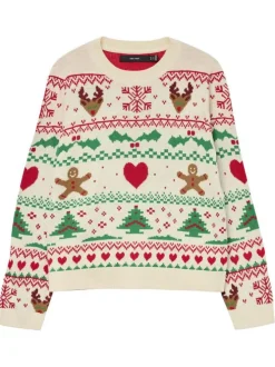 Pull écru à motif fantaisie avec col rond et manches longues