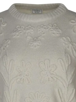 Pull écru à motifs coupe ajustée avec un col rond et des manches longues