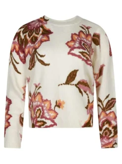 Pull écru à motifs coupe ajustée col rond et à manches longues
