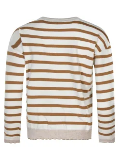 Pull écru rayé coupe ajustée col rond avec des manches longues