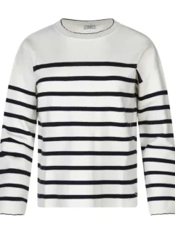 Pull écru rayé droit à col rond et à manches longues style marinière