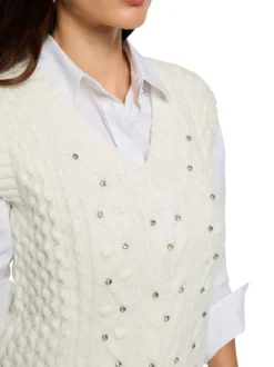 Pull écru sans manches en maille tricotée incrusté de strass