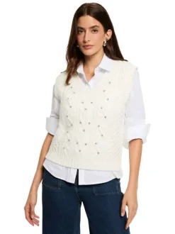 Pull écru sans manches en maille tricotée incrusté de strass