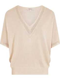 Pull écru uni ample et fluide à col v à dentelle et à manches courtes