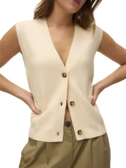 Pull écru uni avec un col v profond et boutonnière écaille de tortue