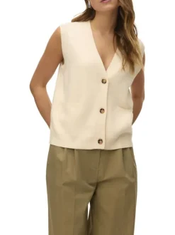 Pull écru uni avec un col v profond et boutonnière écaille de tortue