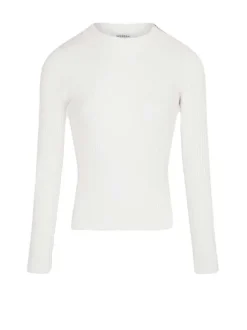 Pull écru uni avec une coupe ajustée, un col rond et zip à l'épaule