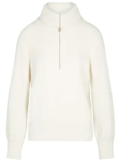 Pull écru uni avec une coupe droite à col montant et une fermeture zippée