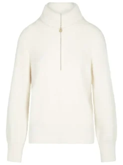Pull écru uni avec une coupe droite à col montant et une fermeture zippée