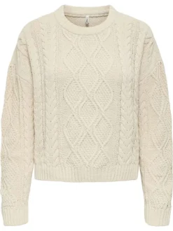 Pull écru uni avec une coupe droite à col rond et des manches longues