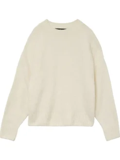 Pull écru uni avec une coupe droite à col rond et des manches longues