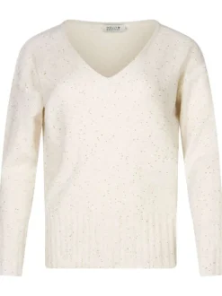 Pull écru uni avec une coupe droite à col v et des manches longues
