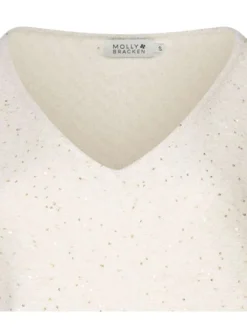 Pull écru uni avec une coupe droite à col v et des manches longues