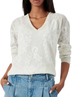 Pull écru uni avec une coupe droite et un col v à manches longues