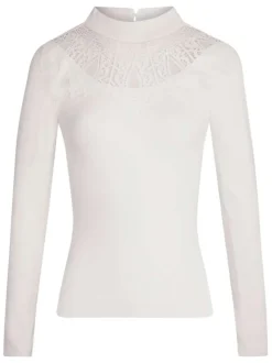 Pull écru uni à coupe ajustée avec col rond et à manches longues