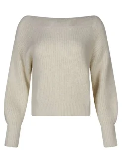Pull écru uni à coupe droite avec un col bateau et des manches longues
