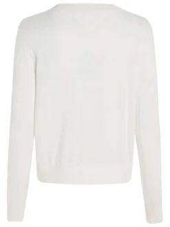 Pull écru uni coupe droite avec un col rond et logo de la marque poitrine