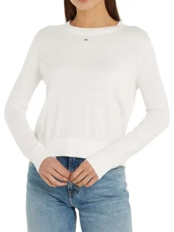 Pull écru uni coupe droite avec un col rond et logo de la marque poitrine