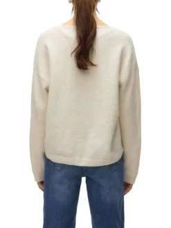 Pull écru uni à coupe droite avec un col v et des manches longues