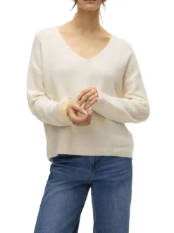 Pull écru uni à coupe droite avec un col v et des manches longues
