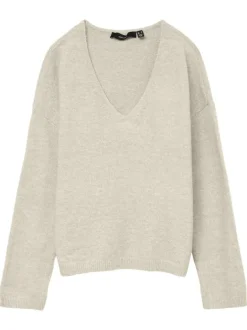 Pull écru uni à coupe droite avec un col v et des manches longues