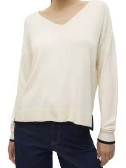 Pull écru uni à coupe droite et à col v arrondi avec des détails noirs