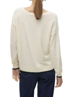 Pull écru uni à coupe droite et à col v arrondi avec des détails noirs