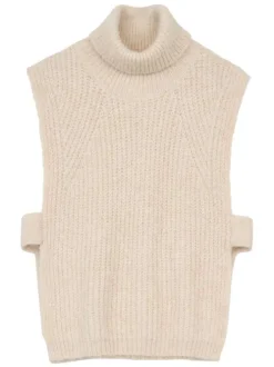 Pull écru uni droit à col roulé et sans manches avec grandes ouvertures