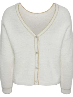 Pull écru uni en matière douce avec lurex doré au niveau du col v