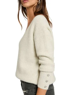 Pull écru uni pourvu d'un col v et de manches longues