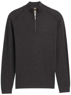 Pull en coton anthracite uni avec un col camionneur côtelé à zip