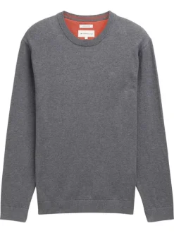 Pull en coton anthracite uni avec un col rond et des manches longues