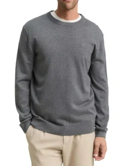 Pull en coton anthracite uni avec un col rond et des manches longues