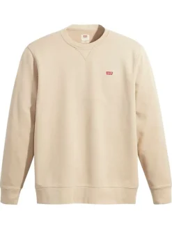 Pull en coton beige à coupe droite pourvu d'un col rond côtelé