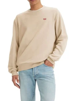 Pull en coton beige à coupe droite pourvu d'un col rond côtelé