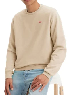 Pull en coton beige à coupe droite pourvu d'un col rond côtelé